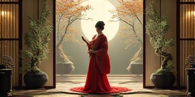 芸者が伝統的な庭園でパフォーマンスしている様子