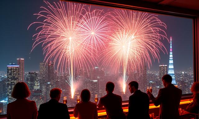 東京の夜景を背景に新年カウントダウンの花火が打ち上げられている様子