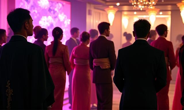 豪華な装飾が施された会場で着物を着た人々が交流している様子