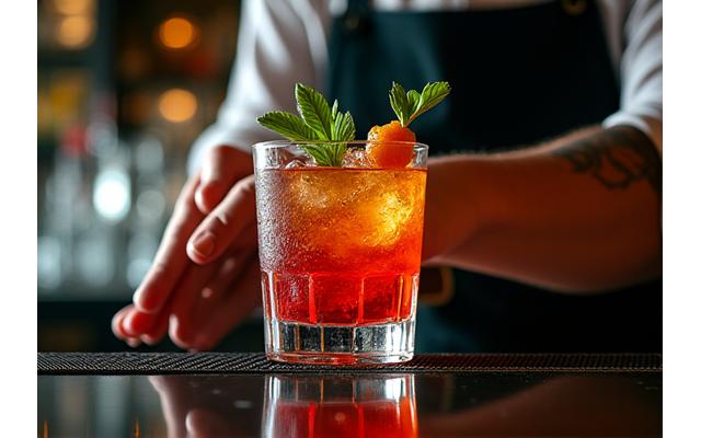専門のバーテンダーが特別なカクテルを作る様子